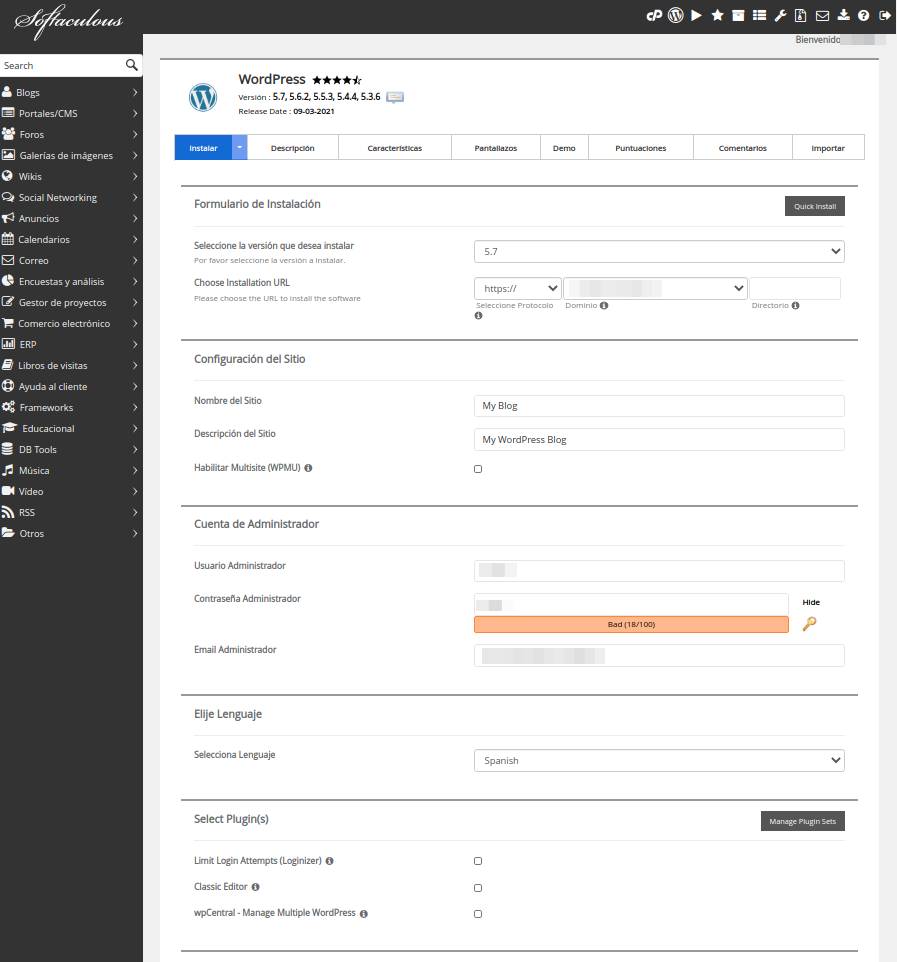 Parámetros necesarios para instalar el sistema WordPress