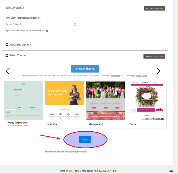 Botón instalar WordPress