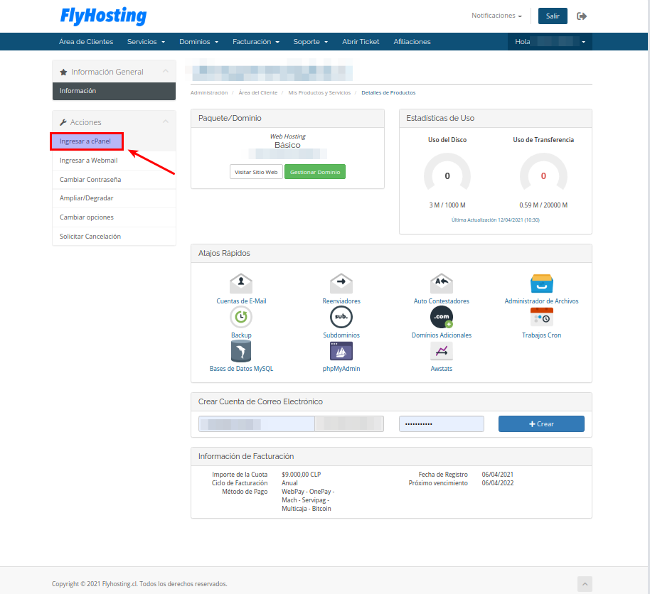 Ingresar al cPanel del hosting seleccionado
