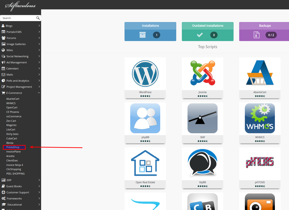 Dale click a PrestaShop en el buscador del instalador Softaculous