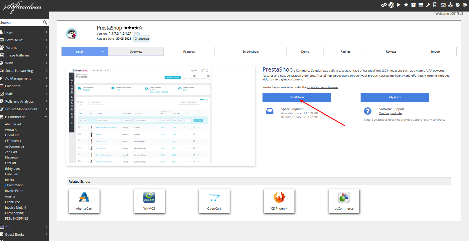 Botón instalar ahora para PrestaShop