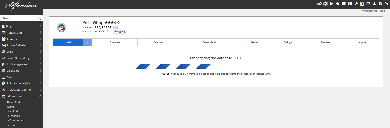 En espera hasta instalación del programa PrestaShop usando el plugin Softaculous