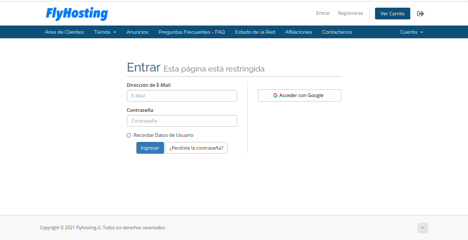 Inicio de sesión webhospedaje.cl y administra tus hosting y dominios para instalar WordPress