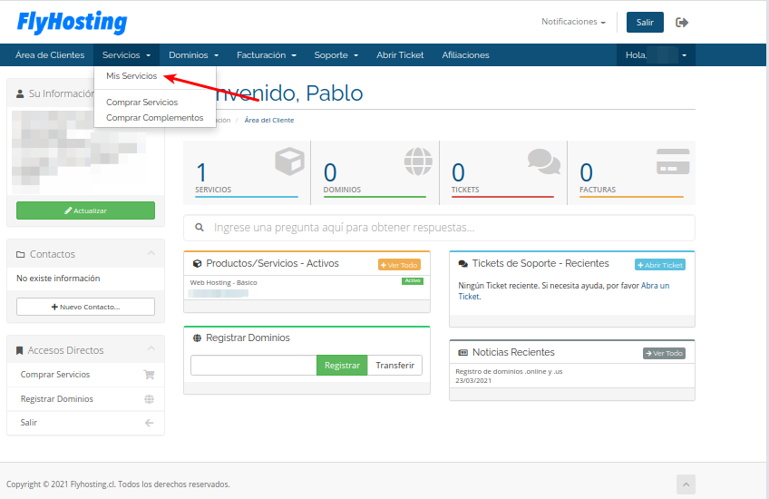 Mis servicios de la cuenta webhospedaje.cl encontrarás los hosting adquiridos
