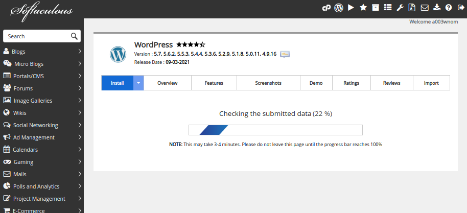 Proceso de instalación del programa WordPress vía Softaculous