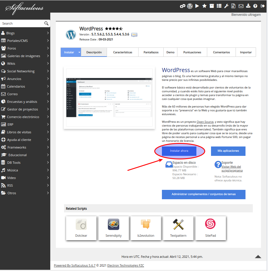 Seleccionar la aplicación WordPress dentro del instalador automático Softaculous